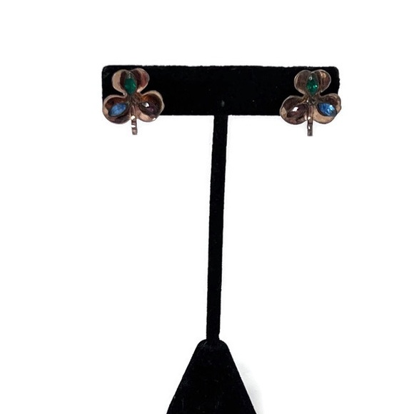 🍀✨VINTAGE✨🍀Coro Craft Sterling Clover Shamrock Rhinestone Screw Back Earrings - Picture 2 of 5